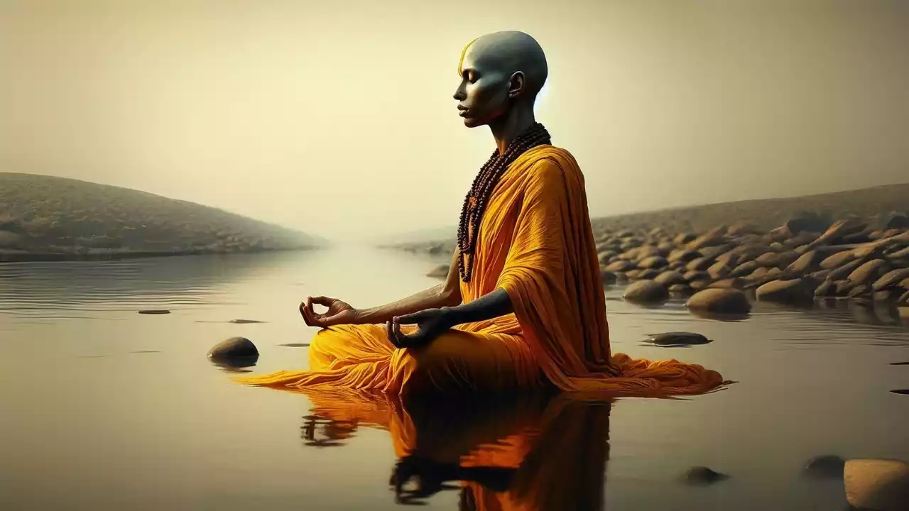 महिला-नागा-साधु-यमुना-तट-ध्यान-रुद्राक्ष-पीला-वस्त्र