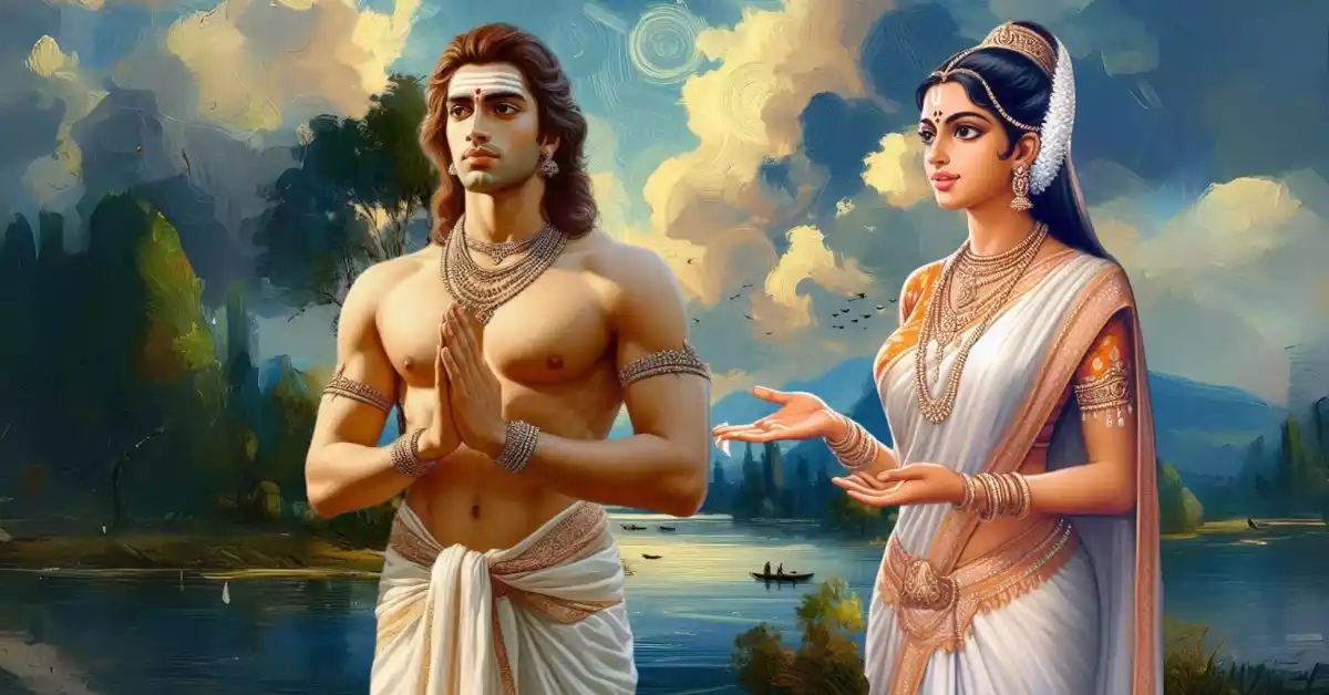 राजा-शांतनु-और-देवी-गंगा-का-पहला-मिलन-चित्रण
