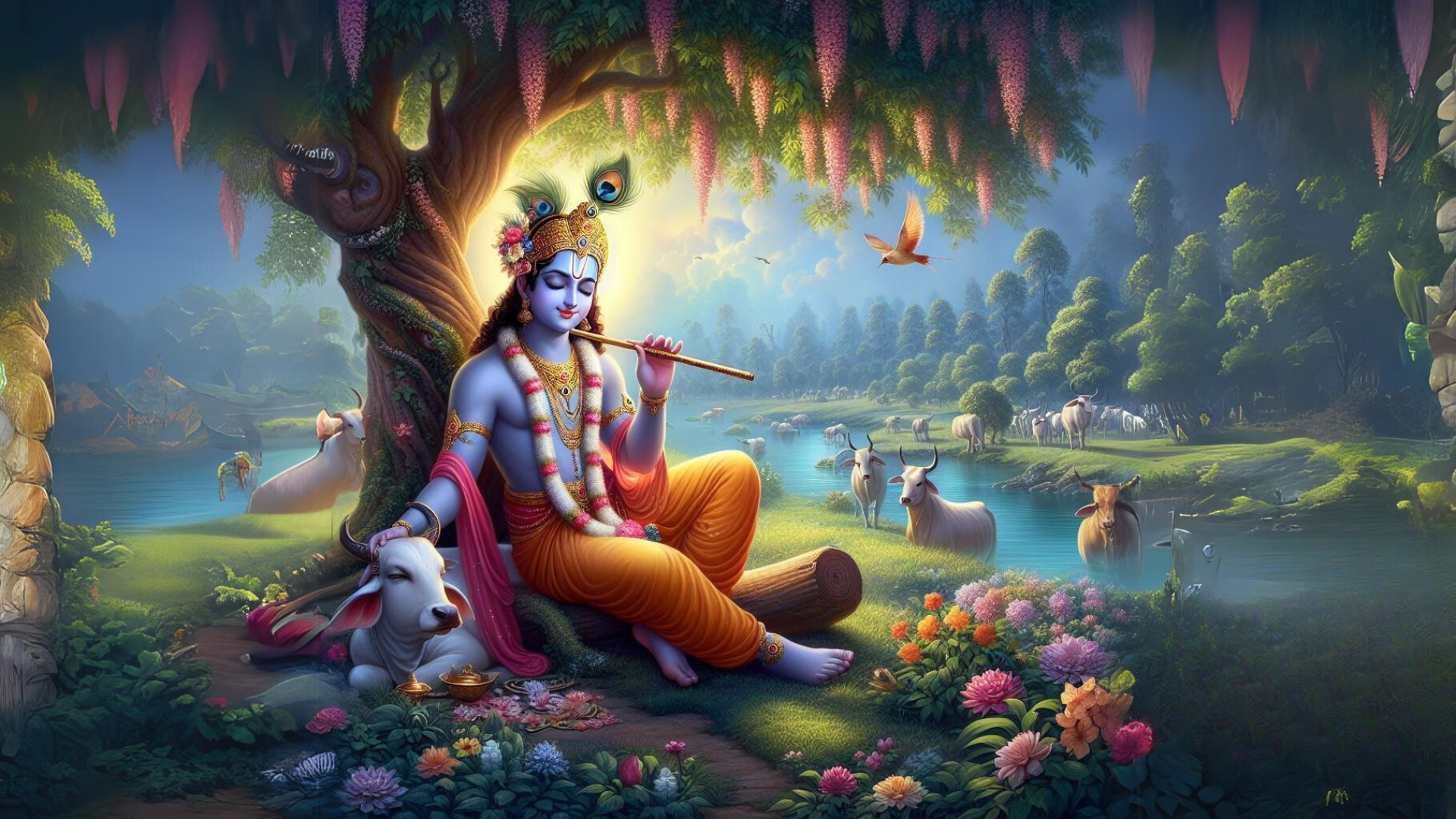 राधा और कृष्ण का दिव्य प्रेम: यमुना नदी के किनारे बांसुरी बजाते हुए श्रीकृष्ण