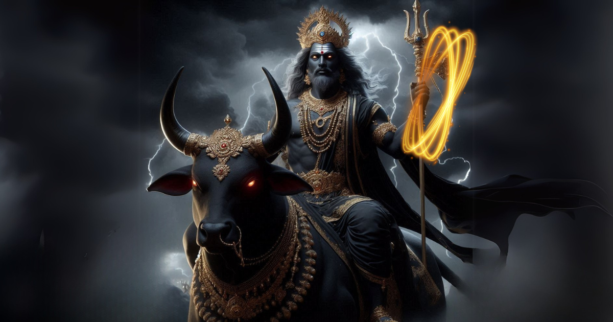 मृत्यु के देवता यमराज का चित्रण - काल-पाश लिए धर्मराज की पारंपरिक छवि
