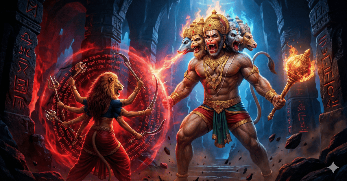 You are currently viewing हनुमान और निकुंभला का युद्ध: पंचमुखी हनुमान बनाम प्रत्यंगिरा देवी की दिव्य कथा