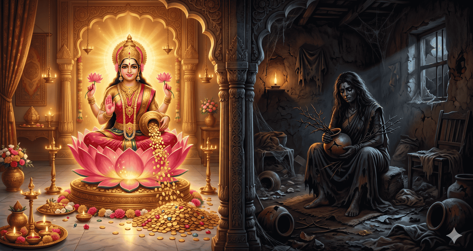 You are currently viewing घर में दरिद्रता क्यों आती है? माता लक्ष्मी और अलक्ष्मी का रहस्य | गरीबी दूर करने के उपाय