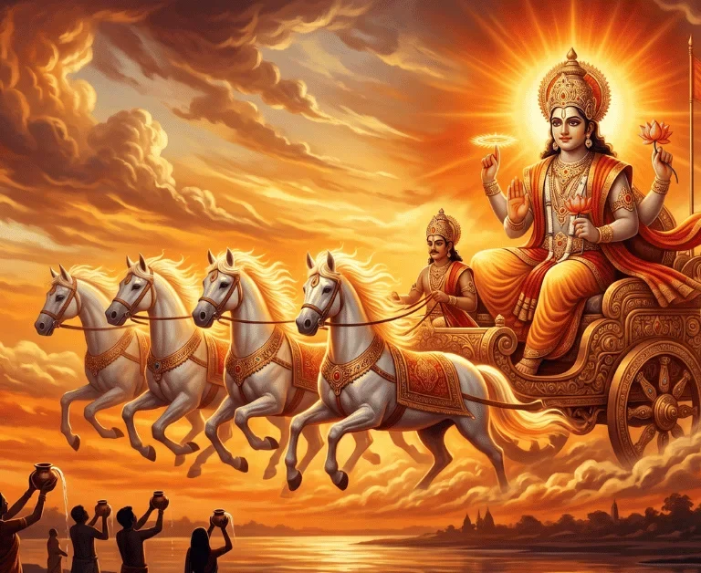 सूर्यदेव सात घोड़ों के रथ पर - भक्त सूर्य को जल अर्पित कर रहे हैं