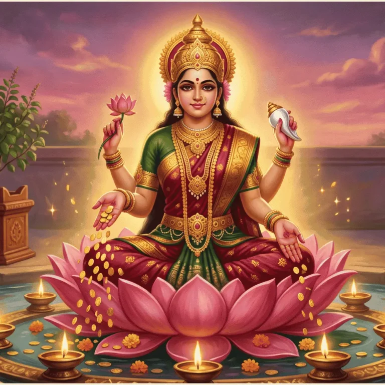 लक्ष्मी-माँ-को-आकर्षित-करने-के-उपाय-Goddess-Lakshmi-on-lotus-with-golden-coins-illustration