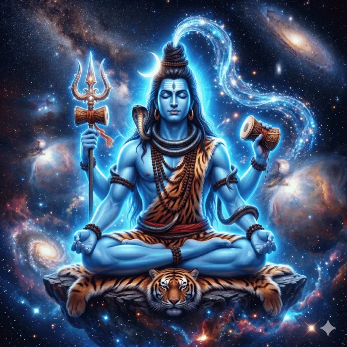 Cosmic Lord Shiva meditating in galaxy with glowing trishul and blue aura